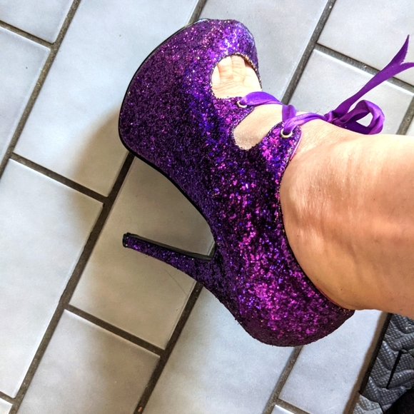 Purple Sparkle Bordellos with toe cut out ribbon detail size 9 burlesque goth - Picture 8 of 8